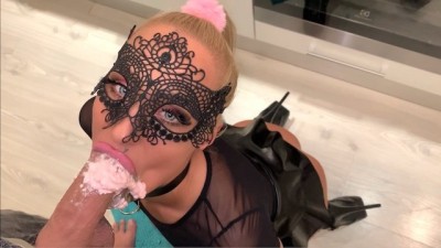 Blonde Saliva Bunny Enjoys Messy Food Fetish and Sucking Cock