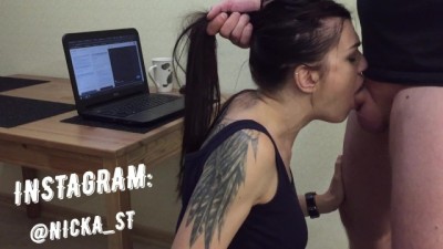 Russian Fit Housewife Distracted him from Work with Sloppy BJ