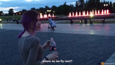 Sweet hot girl doing public blowjob, cum in mouth