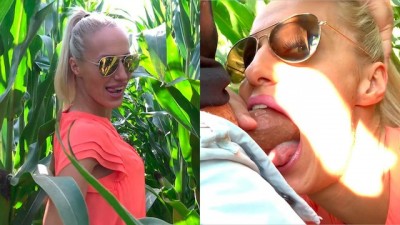 Sexy dress and sunglasses gets facefucked in cornfield