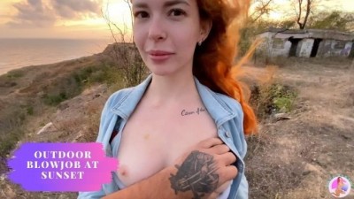 Outdoor blowjob at sunset Public