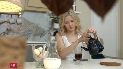 Steamy Runaway Encounter: Wild Coffee & Hot Sex for Slim Cutie