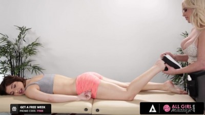 Steamy All-Girl Massage: Shy Brunette Gets Rimmed and Scissored by Sexy Masseuse